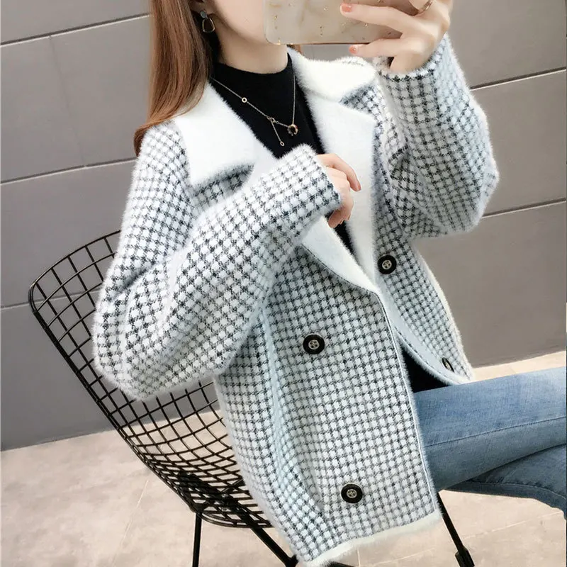 

Plaid Soft Imitation Mink Cashmere Knit Cardigan Jacket Suit Collar Double-breasted Pink Khaki Black Short Knitwear Sueter Mujer