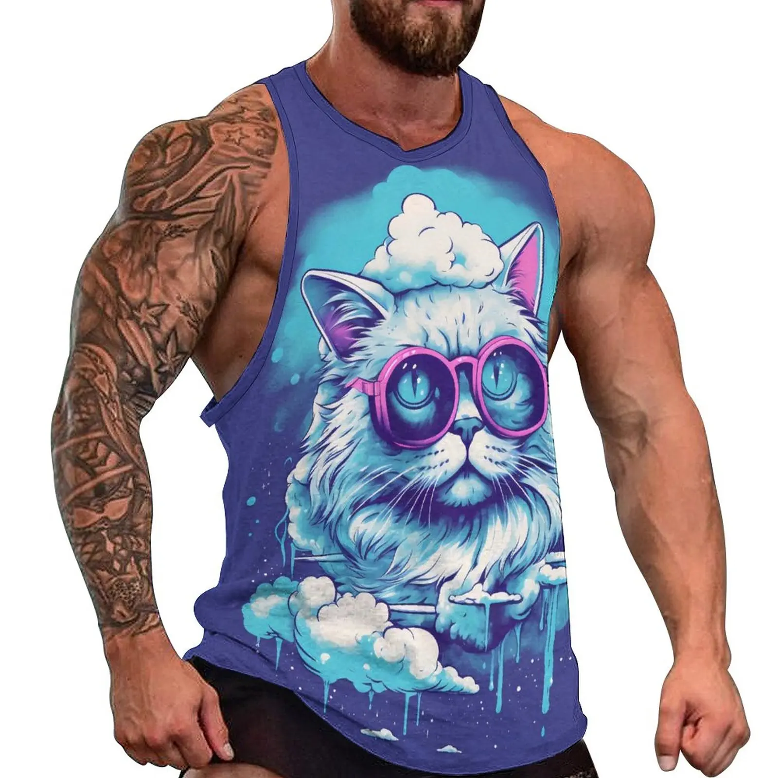 

Cat Summer Tank Top Glasses Sky Bodybuilding Tops Males Pattern Sportswear Sleeveless Vests Large Size 4XL 5XL