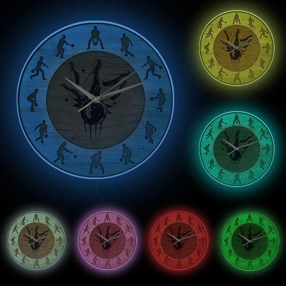 Боулинг выстрел Текстура дерева печатные настенные часы Спорт искусство