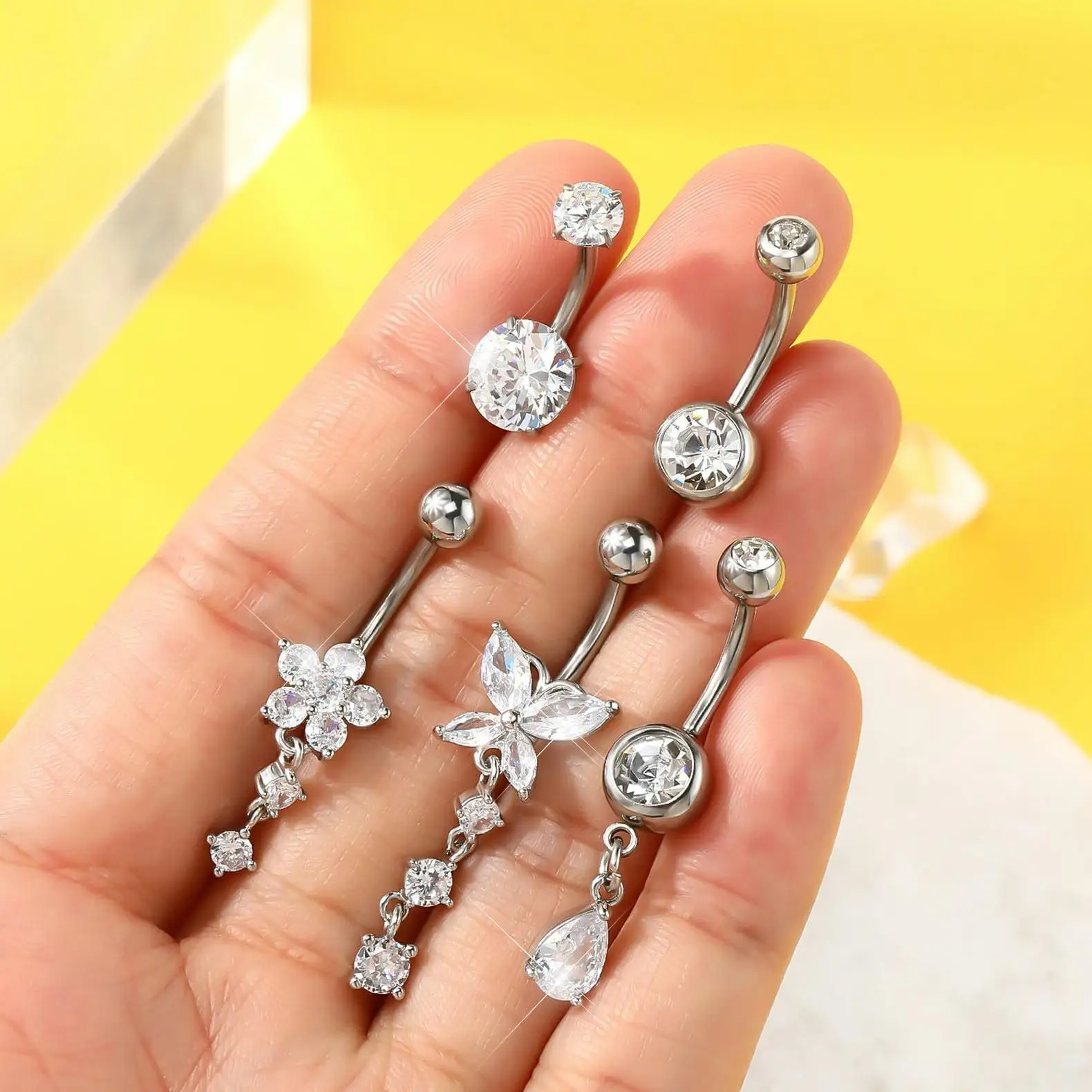 Фото 1/5PCS Кольца брюшной кнопки 14G Набор ювелирных изделий из нержавеющей стали с CZ бабочкой цветок слезы №5