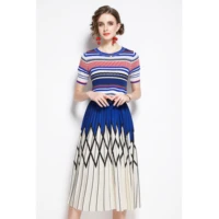 knitted stripe women dresses 2022 fashion loose splicing slim sweater two pieces set fashion rhombus prints top pleated skirt