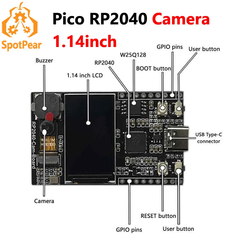 Плата камеры Raspberry Pi Pico RP2040 1 14-дюймовый ЖК-дисплей ST7789 и зуммер PICO-Cam-B