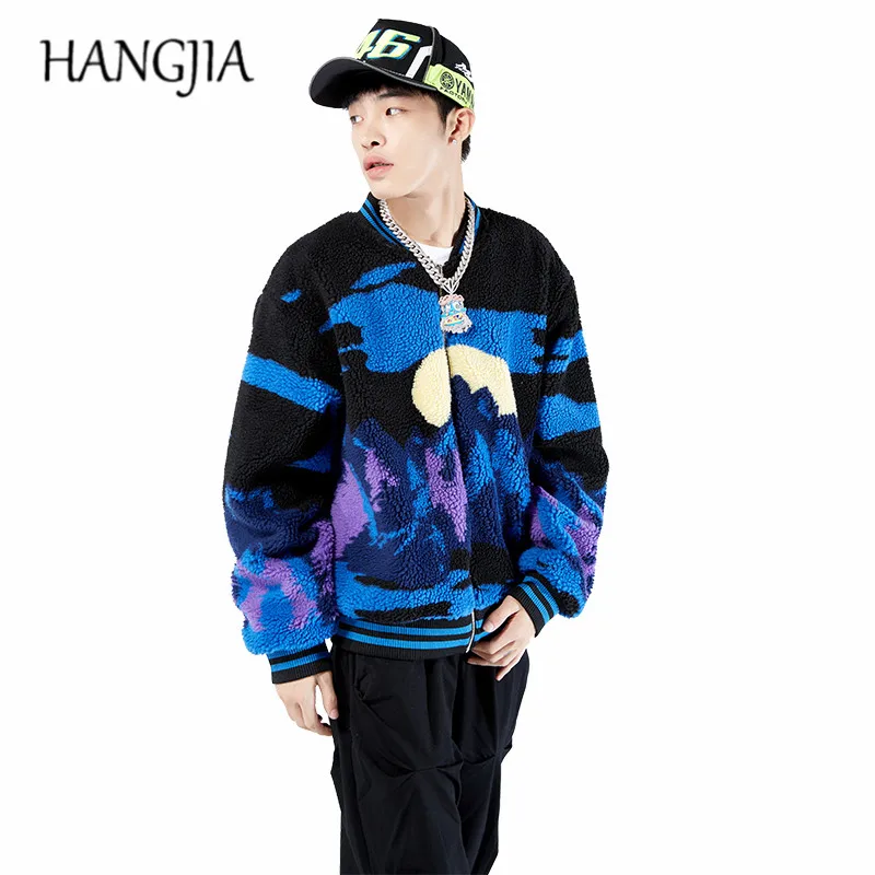 

Флисовая Двусторонняя бейсбольная куртка Sherpa для мужчин, осенне-зимние куртки с принтом восхода и заката, пальто, женский топ на молнии