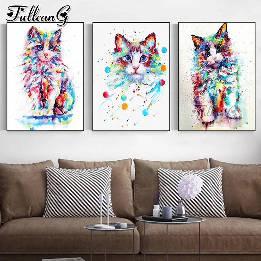 

watercolor animals 5d diamond painting cross stitch full mosaic embroidery abstract colorful cat needlework home decor AA3391