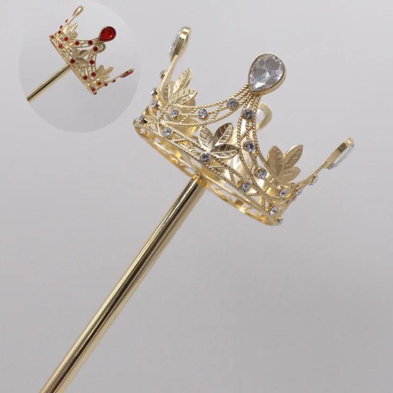 

Gold Plated Leaf Rhinestones Crown With Scepter Fairy Stick Stage Show Props