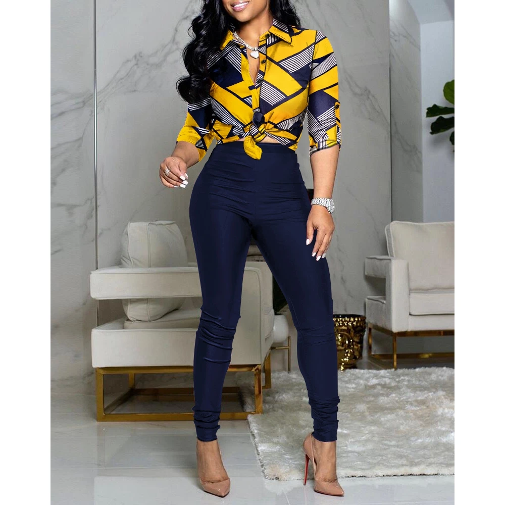 

Autumn Women 2 Pieces Letter Print Buttoned Shirt & High Waist Pants Set 2023 Femme Knot Front Overalls Office Lady Outfit Traf