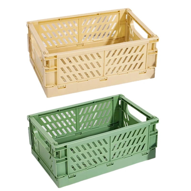 

2X Collapsible Crate Plastic Folding Storage Box Basket Utility Cosmetic Container Yellow & Green