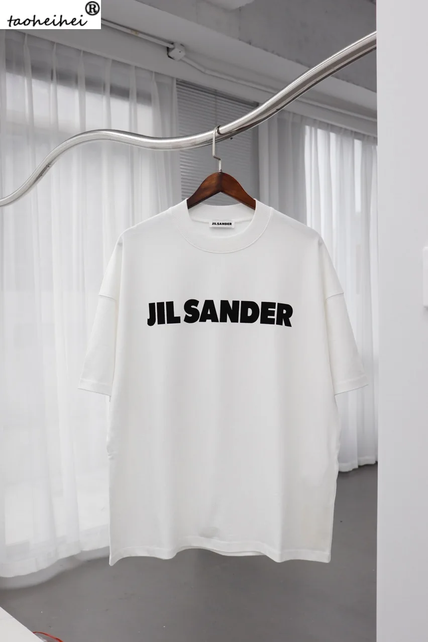 

Футболка jil sander женская оверсайз, хлопковая рубашка с короткими рукавами, с надписью, цвет черный/белый, лето