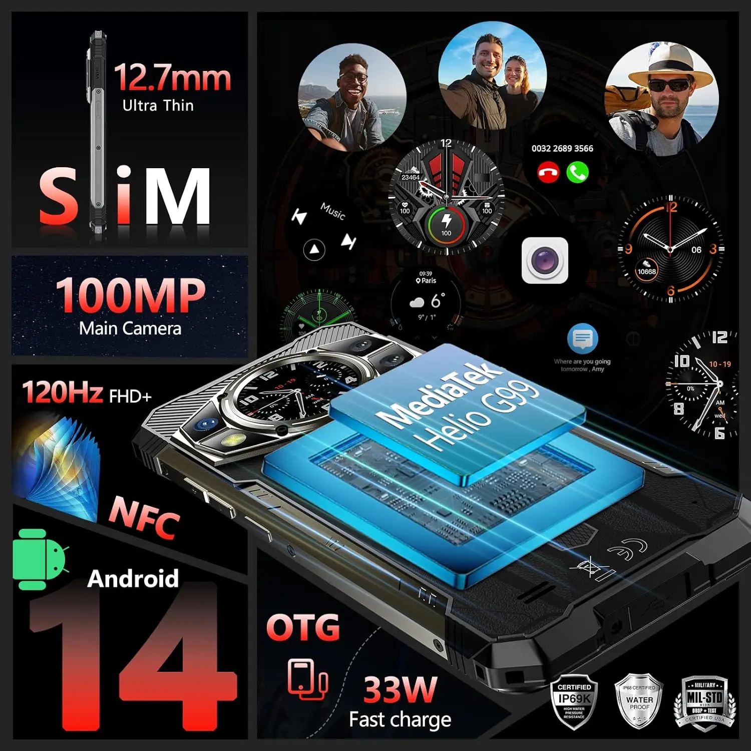Фото CUBOT KingKong AX Прочный разблокированный Android14/MTK G99/24G RAM+256G ROM Dual SIM/6.58