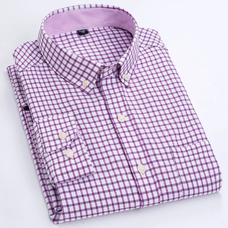 Oxford Spun Shirt 56% Cotton Spring and Autumn Youth Leisure Long Sleeve Plaid Cardigan Solid Color Patchwork Square Neck Shirt