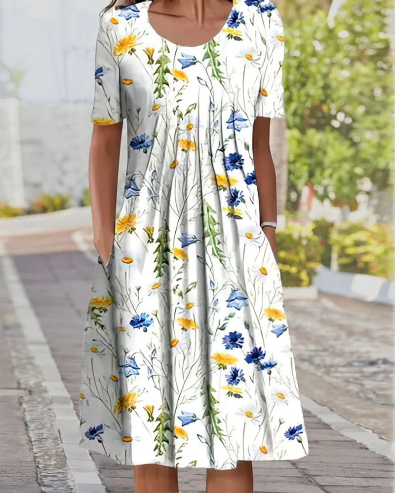 

Women Dress Slim Round Neck Pocket Flowers Cherry Blossom Leisure Home Pullover Spring And Summer Loose Long Short Sleeve Dress