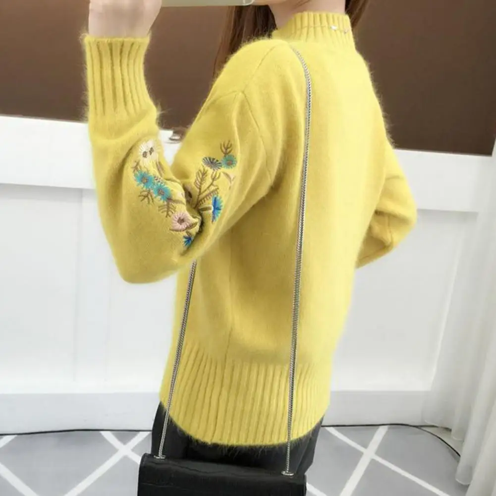 

Temperament Trendy Flower Pattern Stretch Pullover Sweater Autumn Winter Knitted Sweater Half High Collar Women Clothing
