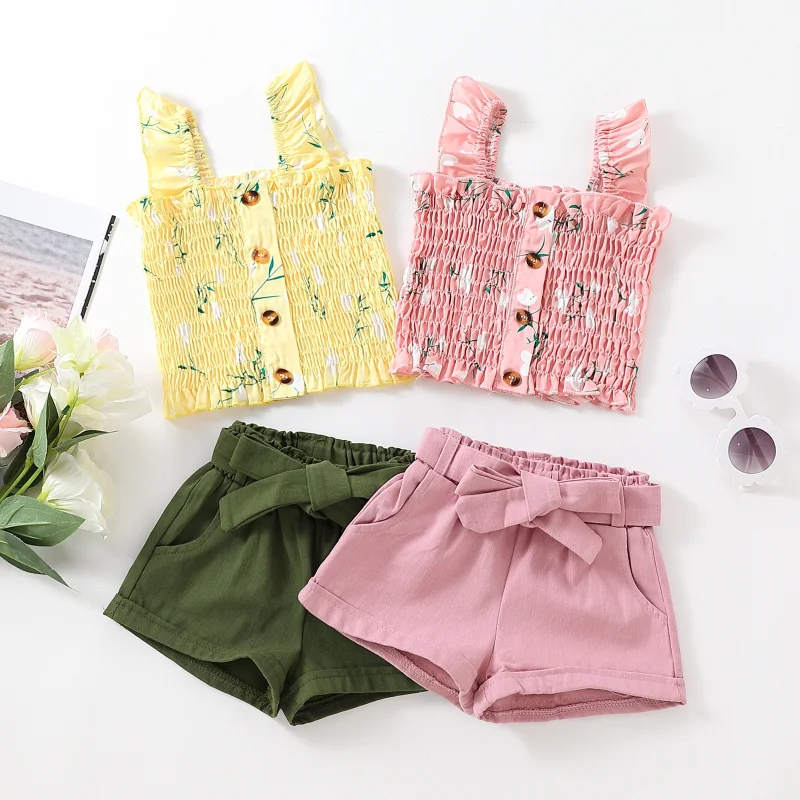 

Printed Children's Suit with Suspender Shorts Two-piece Set Sleeveless Suit Cotton Casual Summer Toddler Girl Clothes