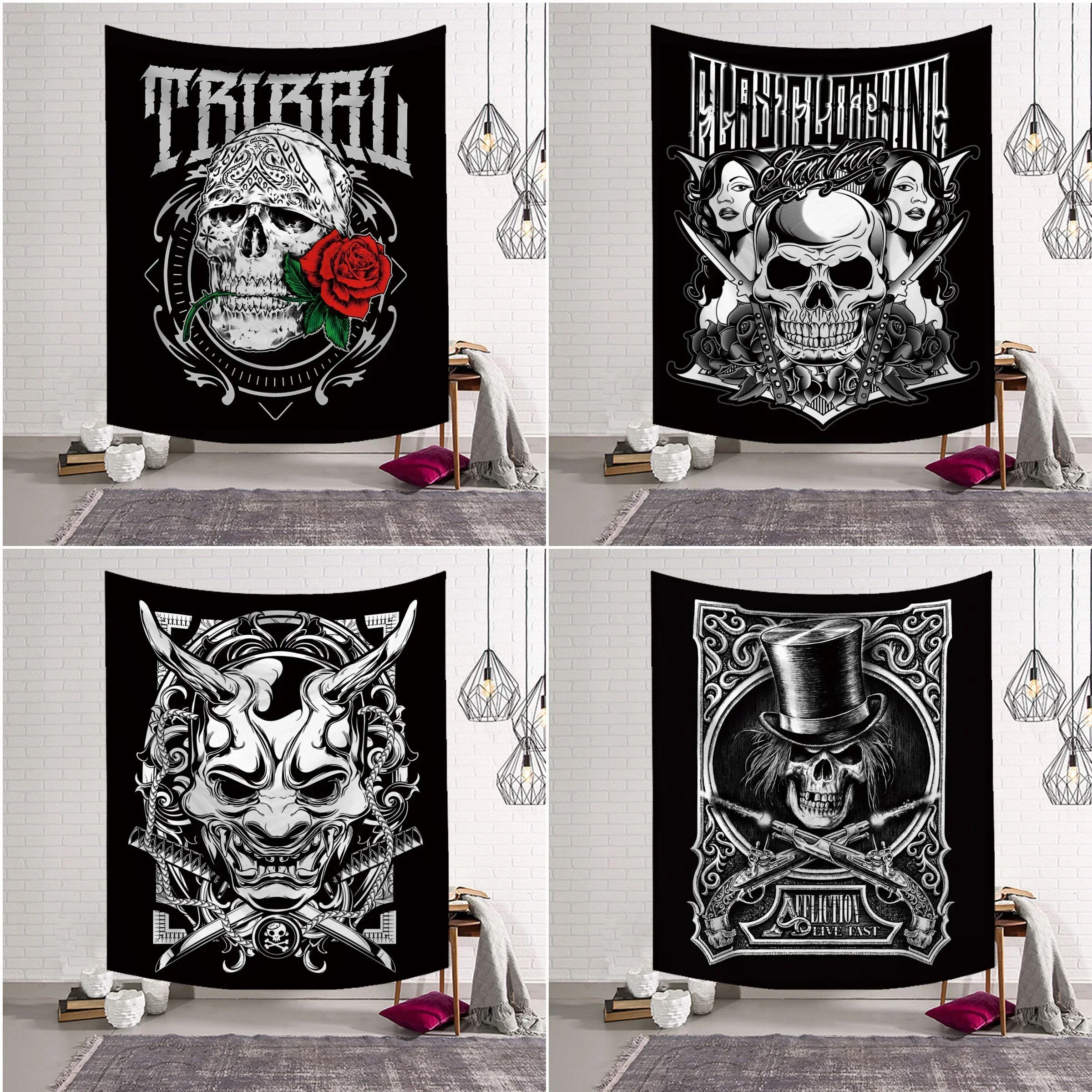 Настенный гобелен в стиле панк черный скелет череп 100% полиэстер с принтом