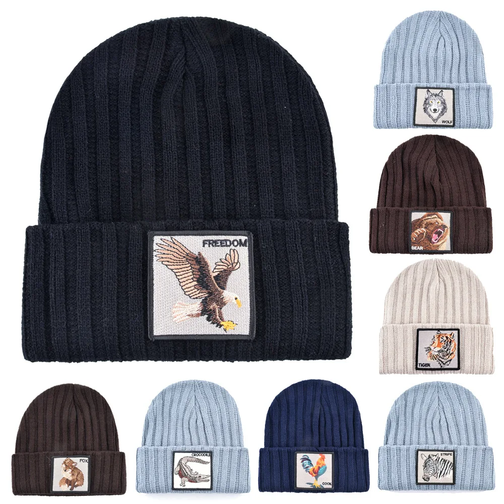 

Fashionable travel hats for men and women embroidered animal knitted hats Solid color warm Wolf fishing street hats XU40