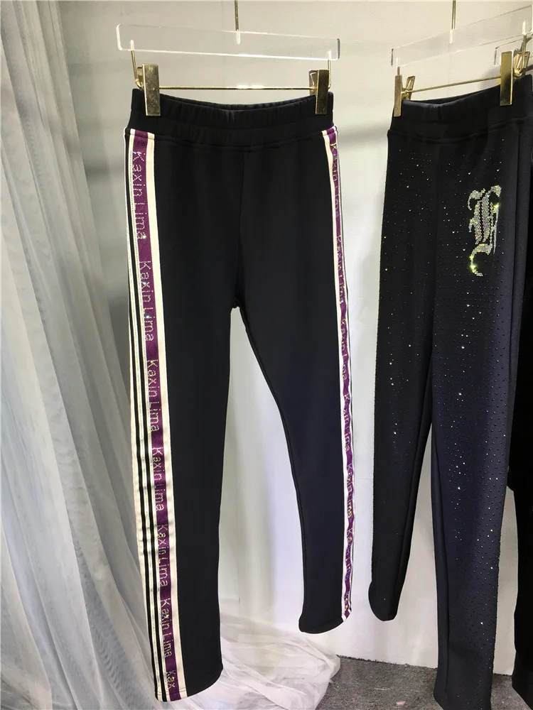 

Thicken Fleece Women Bottoming Pants 2023 New Autumn Winter Hot Drilling Letters Stretch Skinny Black Leggings Plus Size M-4XL