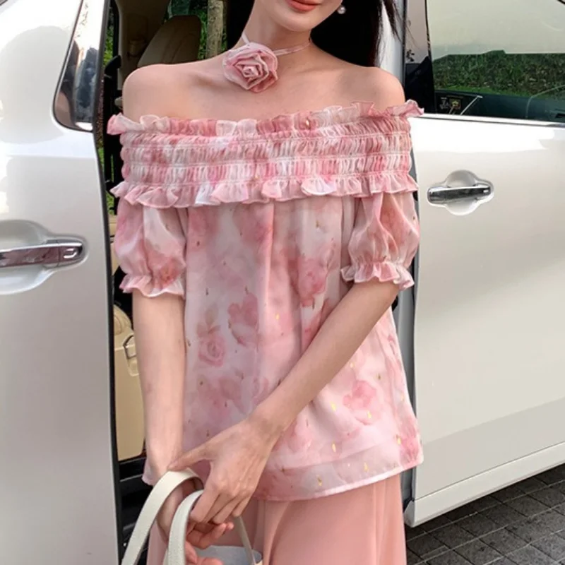 

2023 Summer Office Tops Sweet Korean Pink Flower Chiffon Shirt Casual Loose Summer Loose Puff Sleeve Shirt Elegant Blusas 26654