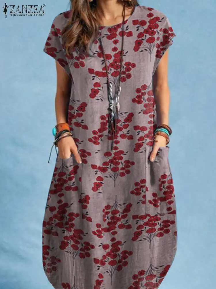 

2022 ZANZEA Summer O-Neck Short Sleeve Pocket Kleid Robe Women Floral Print Dress Bohemian Elegant Casual Holiday Loose Sundress