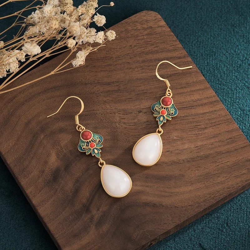 

New Arrival Cloisonne Imitation Jade Earrings for Women Vintage Fairy Earrings Party Banquet Jewelry Flower Earrings