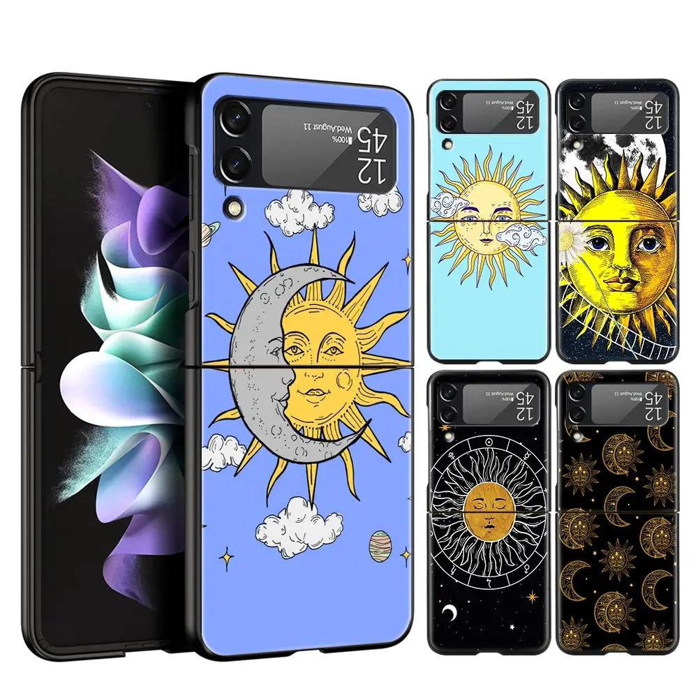 

For Samsung Galaxy Z Flip 3 4 5G Hard Black Folding PC Phone Case Funny Sun Moon Face For Samsung Z Flip3 Cover Protect Shell