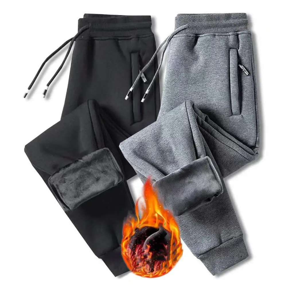 

Winter Plush Lining Men Pants Solid Color Drawstring Casual Pants Thicken Loose Elastic Waist Men Trousers For Daily Wear