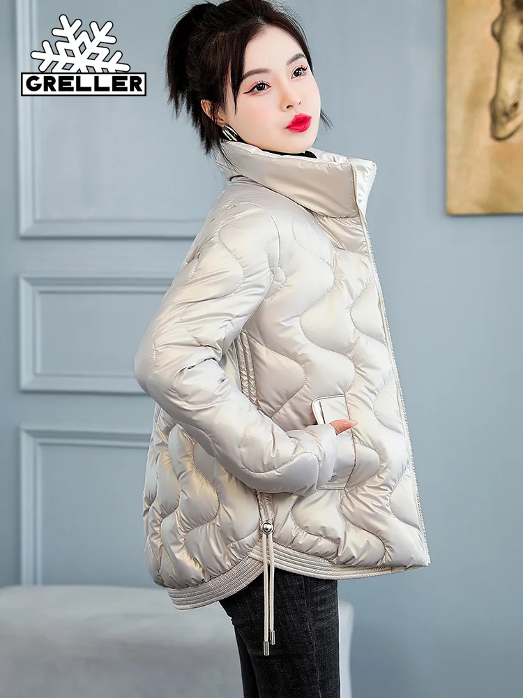 GRELLER 2022 New Women Short Jacket Winter Thick Cotton Padded Coats Female Shiny Stitched Puffer Parkas Ladies Slim Winter Coat