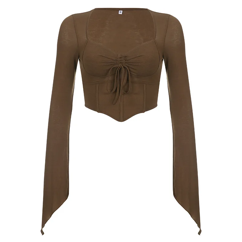 

Women Brown Tops Spring Summer Square Neck Pleated Flared Sleeve T-Shirt American Casual Fashion Slim Short Shirt