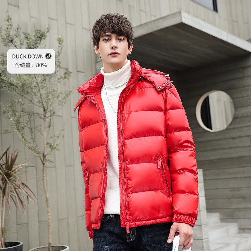 Men's Down Jacket Short Thickened White Duck Down Warm Bright Hooded Winter Down Jacket Youth With Hood Jacket Thick Men's Parka