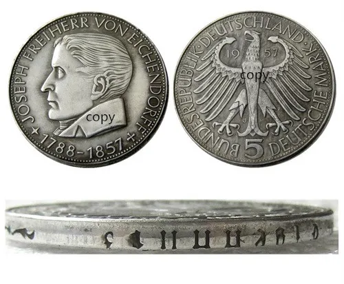 

GERMANY (Federal Republic) 5 Mark 1957 J Silver Plated Copy Coin