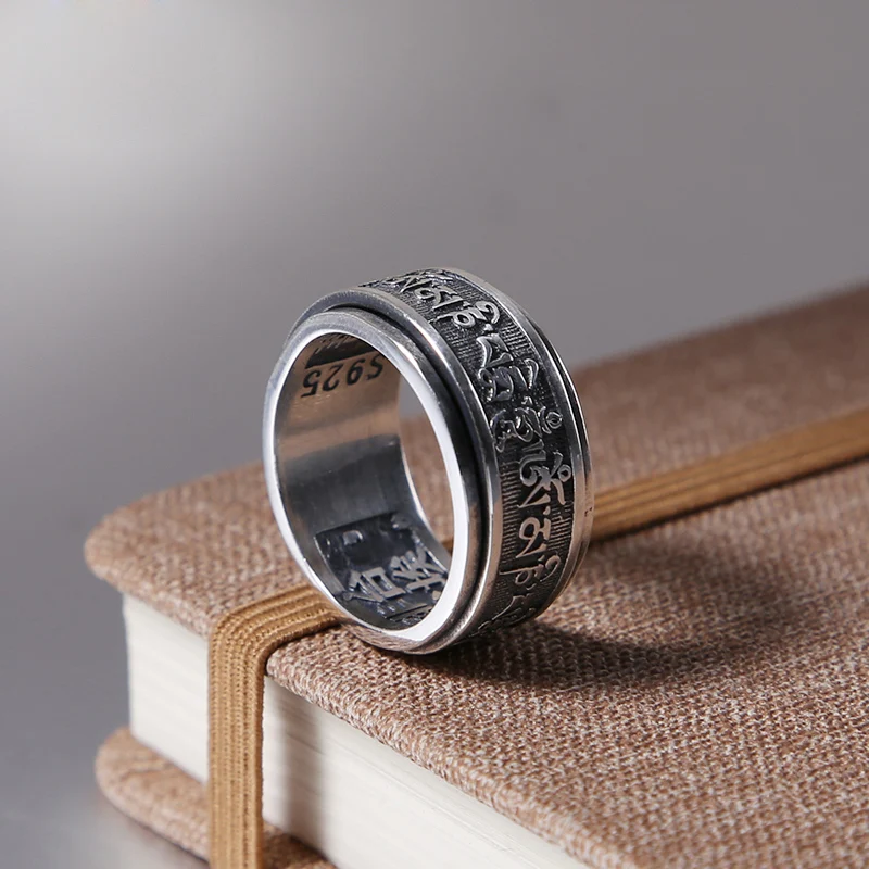

Новинка, мужское серебряное кольцо с мантрой из шести символов, переводное Оригинальное ювелирное изделие в ретро стиле, мужское кольцо, юв...