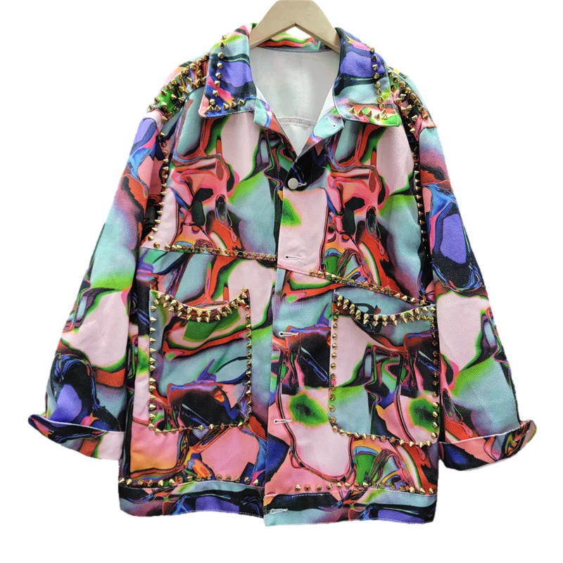 

Streetwear Fashion Rivet Big Pocket Denim Jacket Women Loose Mid Length Graffiti Cowboy Outerwear Casual Jeans Jackets Female