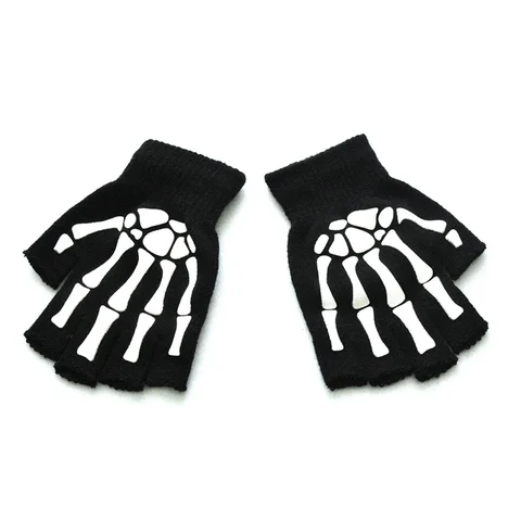 Теплые вязаные перчатки для взрослых, однотонные акриловые перчатки на полпальца, перчатки с защитой головы скелета человека, велосипедные Нескользящие перчатки с принтом