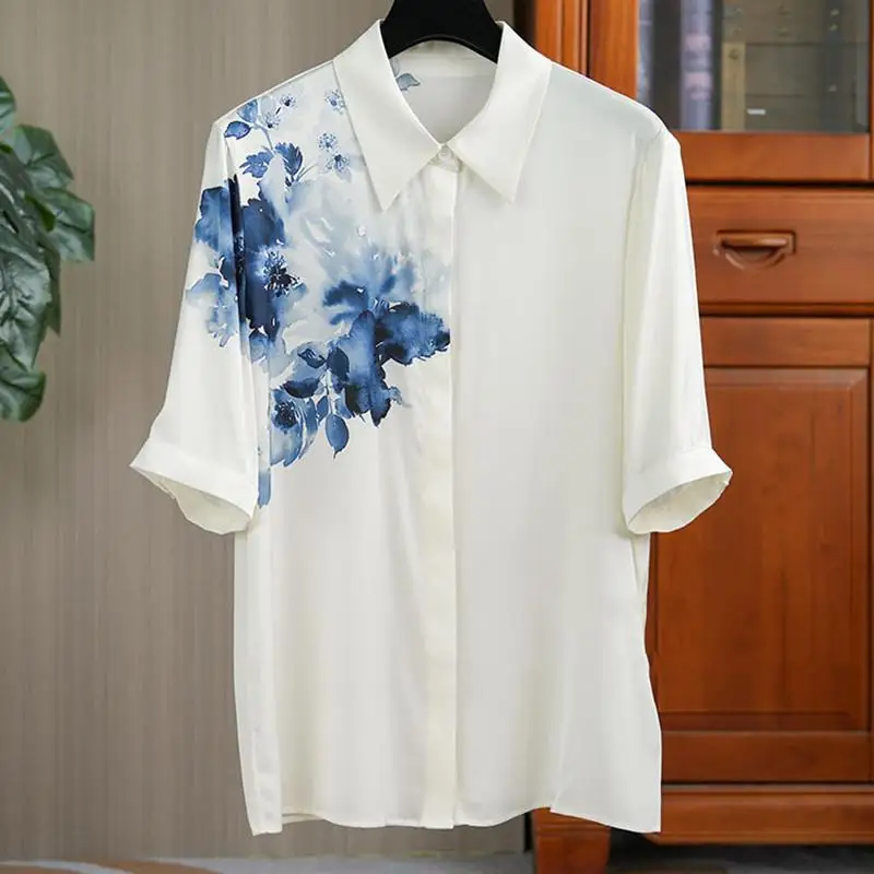 

Ink Painting Positioning Printing Short Sleeve Imitation Silk Shirt Top Women Blouse Camisas