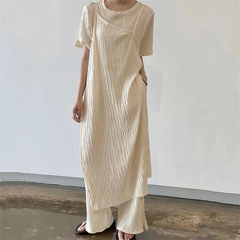 

Summer Pants Sets Loose Two Piece Set Women Short Sleeve Split Folds Long Dress and High Waist Long Pants Casual Fashion 2 Piece