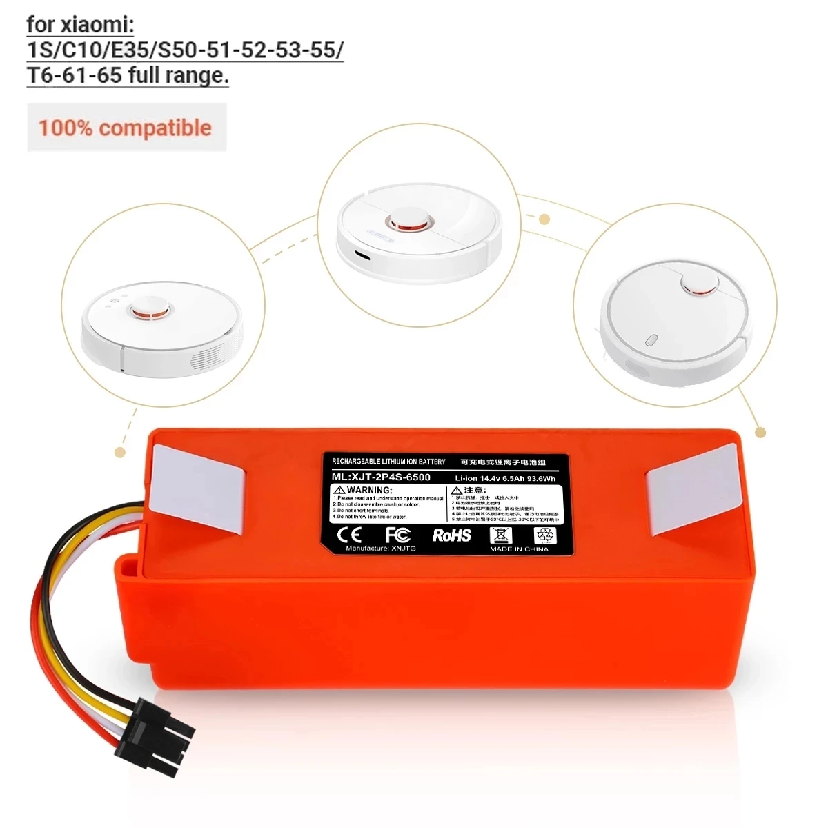 

Аккумулятор для робота-пылесоса Xiaomi Roborock S55 S60 S65 S50 S51 S5 MAX S6, 14,4 В, 6500 мАч