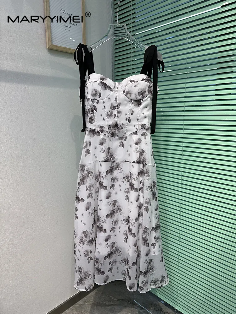 

MARYYIMEI Square Collar Sling Vintage Print Temperament dress Spring Summer Chest Wrap Holiday Long Dresses