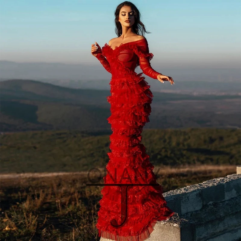 

Red Exquisite Evening Dresses Formal Prom Gowns Long Sleeves Customizable Colors Abendkleider Vestidos De Gala For Women 2022