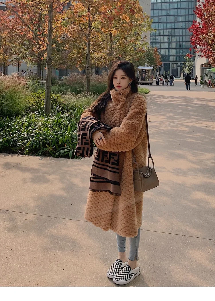 2022 New Women's Lamb Wool Grain Sheep Shearling Coat Autumn Winter Warm Fur Coat Casual Solid Color Lady Jackets Mid-length