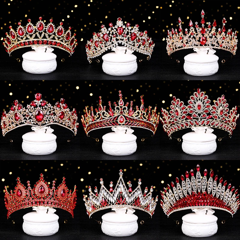 

Luxury Gold Red Crystal Rhinestone Tiaras And Crowns Queen Princess Diadem Wedding Hair Accessories For Bride Women Hair Jewelry