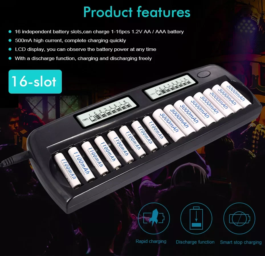 

2023PALO 4-48 slots AA AAA battery charger LCD display smart fast charger for 1.2V AA AAA Ni-MH Ni-CD rechargeable batteriessola