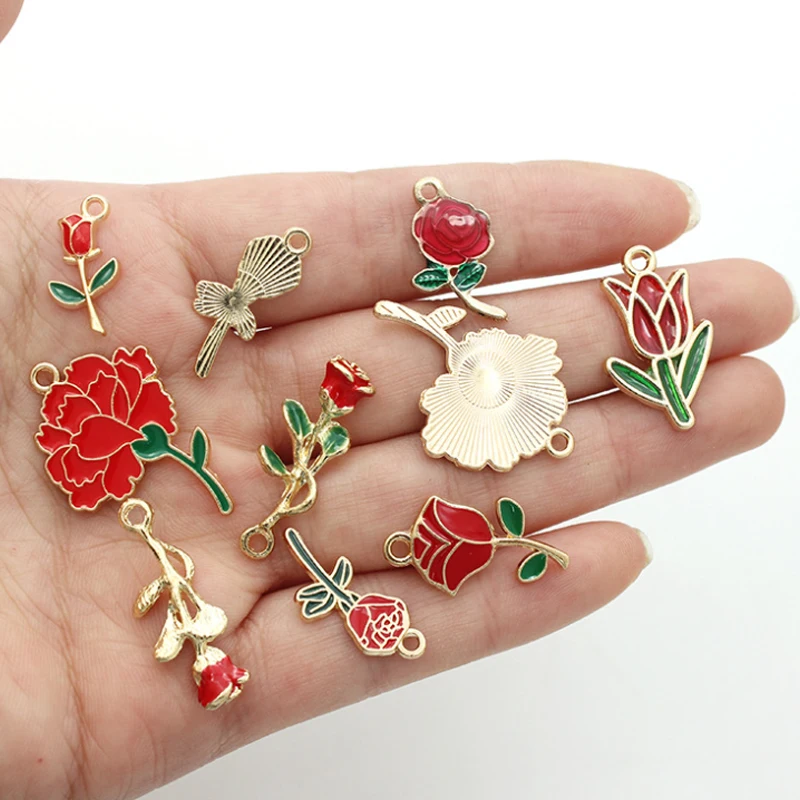 

10PC KC Gold Color Tone Enamel Rose Flowers Charms Dripping Oil Alloy Bracelet Earring Keychain Making DIY Charm Pendant