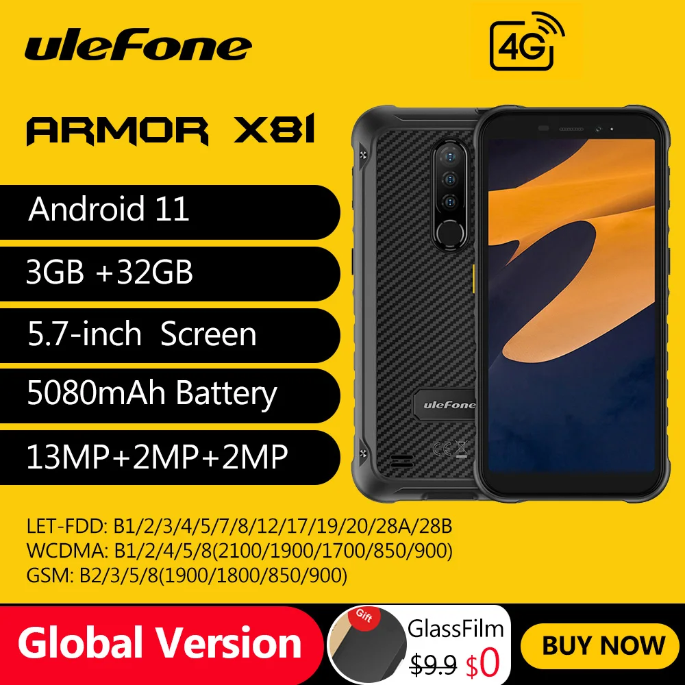 

Ulefone Armor X8i Rugged Waterproof Smartphone Android 11 NFC/3GB+32GB 5.7" Cell Phone Global 4G LTE Unlocked Mobile Phone