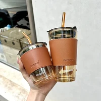 350ml 450ml coffee glass with lid and straw leatherwear coffee mugs heat resistant coffee cup beer tea drinkware crystal glass