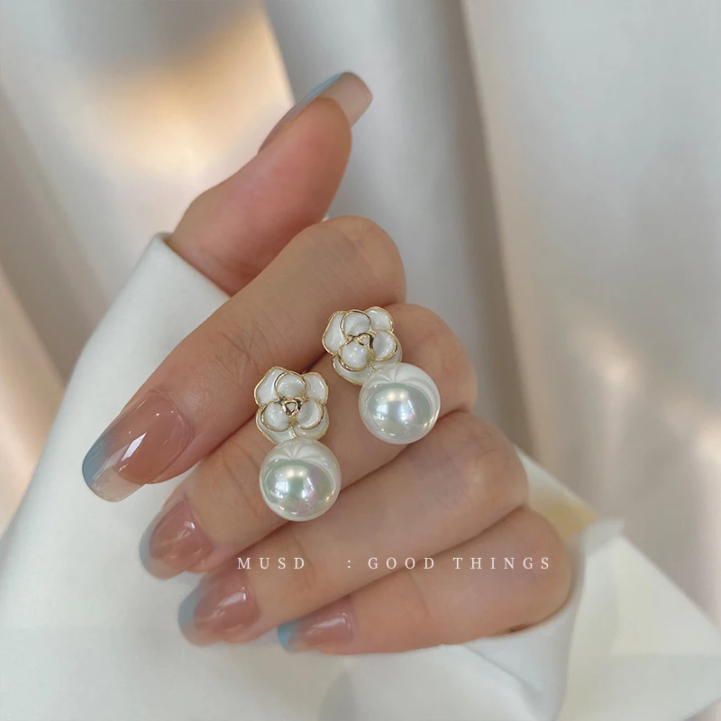 

925 Silver Needle Korean Version Temperament High-grade Sense Drop Oil Camellia Pearl Small Ear Drop Earrings Wholesale