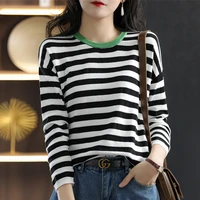 2022 spring and summer new star with striped round neck cotton sweater womens counters loose and thin long sleeved tops