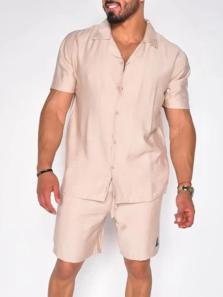 

Men's Cotton Linen Solid Color Short Sleeve Shorts Set - Perfect for Summer