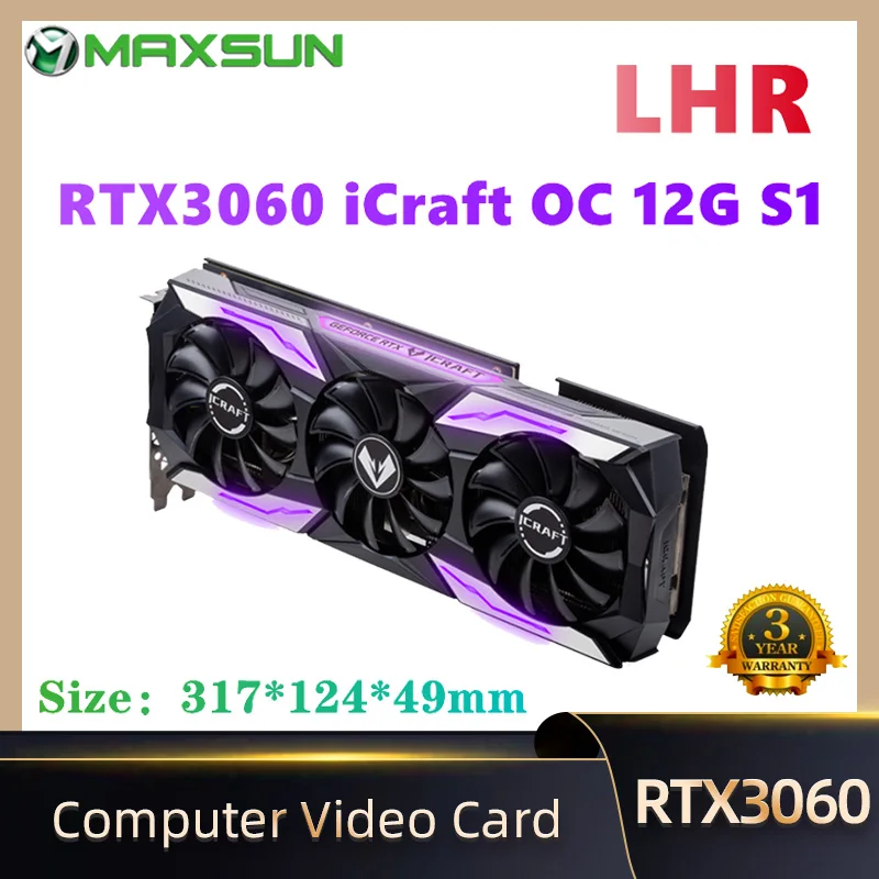 

MAXSUN Новый RTX 3060 iCraft OC 12G GDDR6 GPU NVIDIA компьютер ПК 192 бит DP * 3 PCI Express X16 4,0 игровая видеокарта
