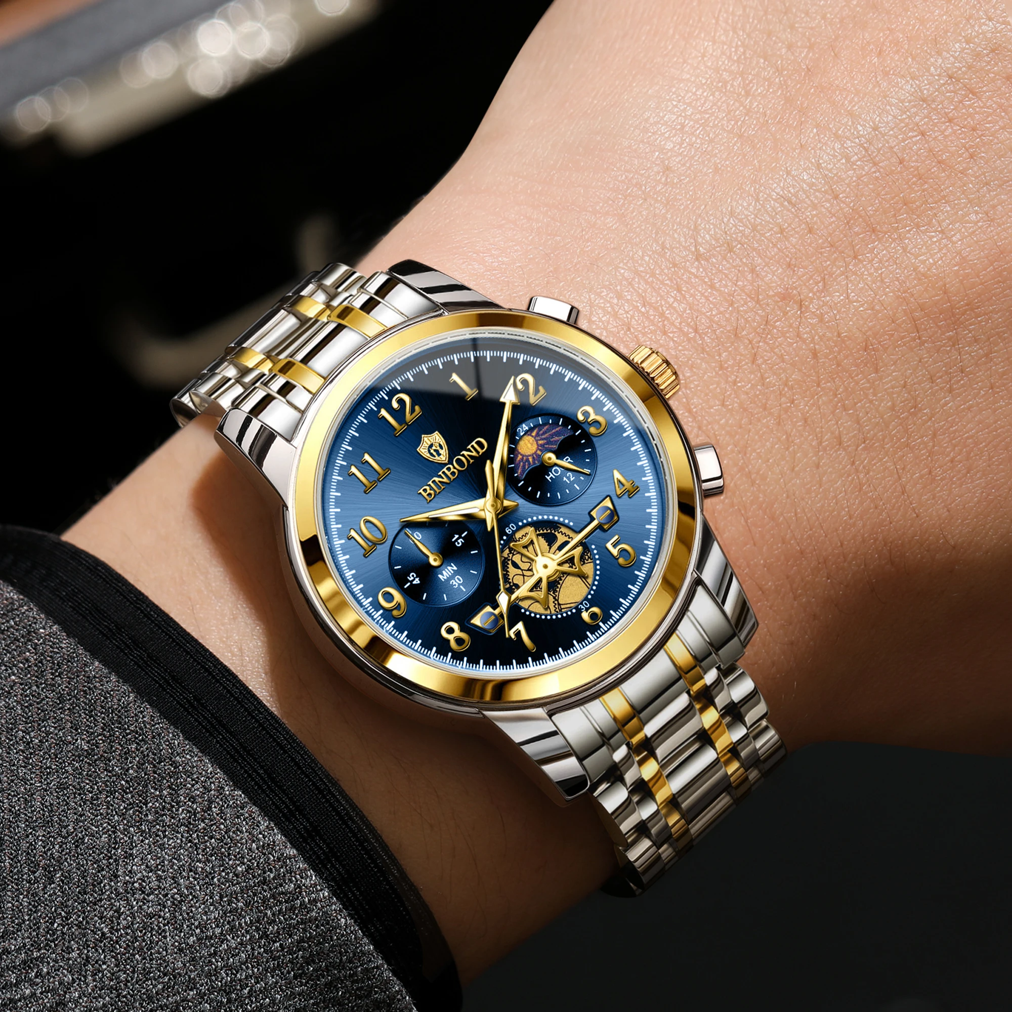 Фото Мужские часы BINBOND Original Accurate Quartz, роскошные, с хронографом, прочные, светящиеся, водонепроницаемые, повседневные. №3