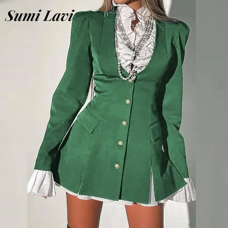 

Fashion Lady Shirt Uniform Dress Autumn Contrast Color A-Line Blazer Dress Two Piece Set Elegant Long Sleeve Chic Mini Dress Set