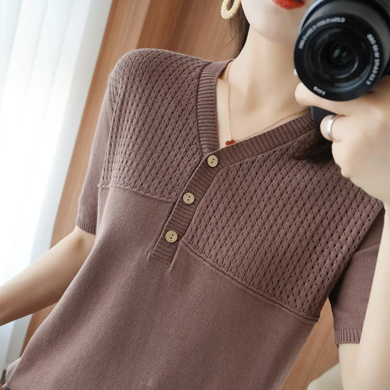 

2022 Summer New 100% Cotton T-Shirt V-Neck Knit Short-Sleeve Ladies Hollow Loose Korean Thin Cotton Female Vest Simple Wild Top